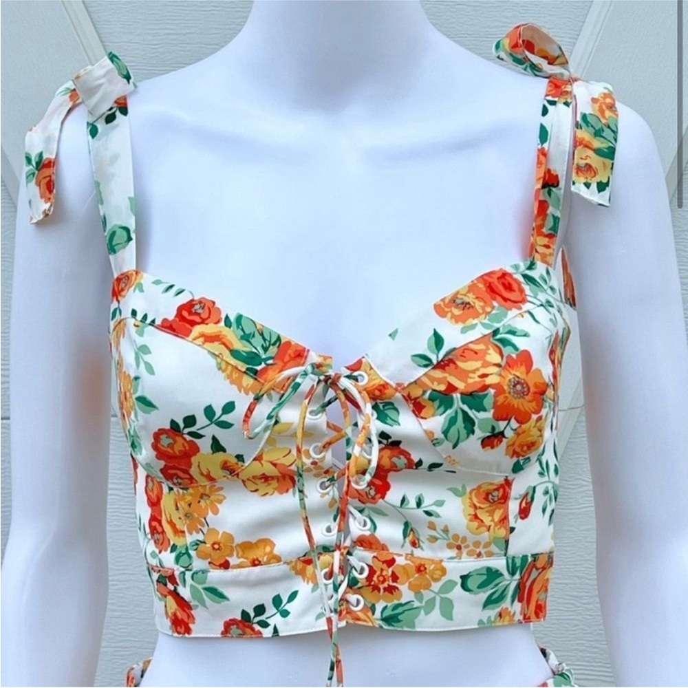 Wayf Floral Lace-Up Tank Top - Orange and Green